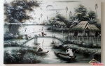 Tranh sơn mài phong cảnh làng quê Việt Nam loại lớn - trắng đen (40x60cm)
