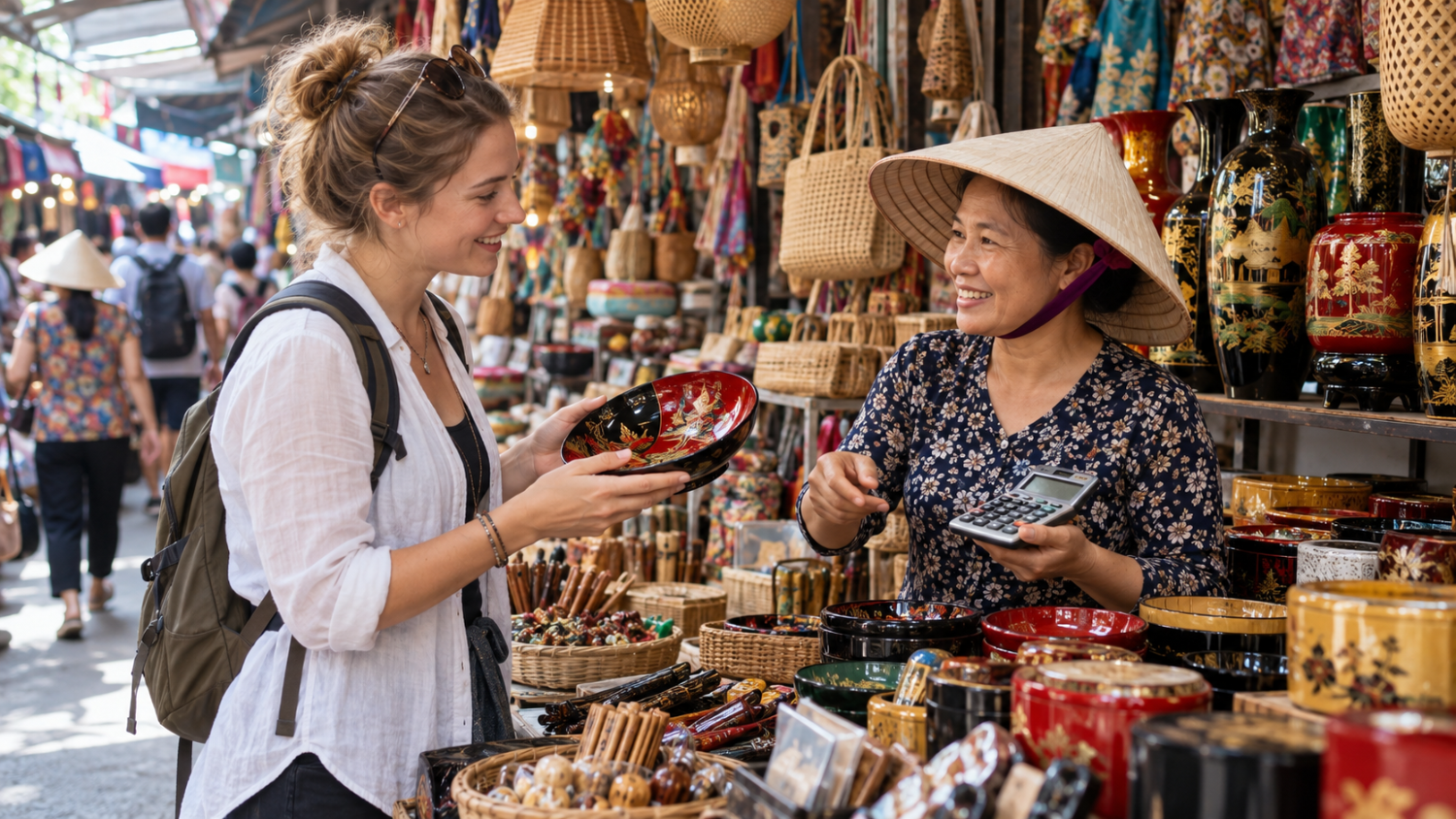 Friendly bargaining at a Vietnamese craft market 7