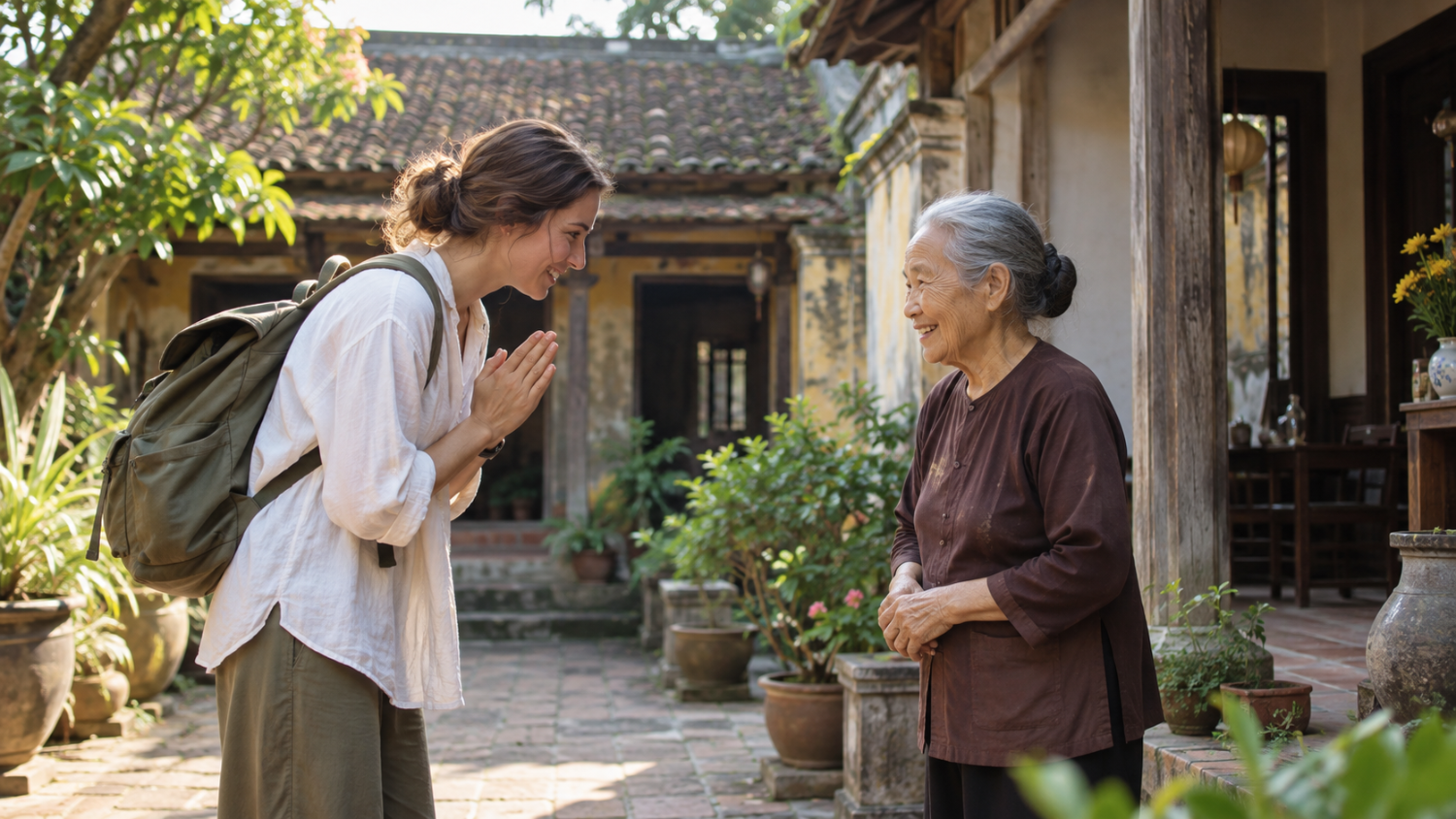 Respectful Greeting in a Vietnamese Courtyard 1
