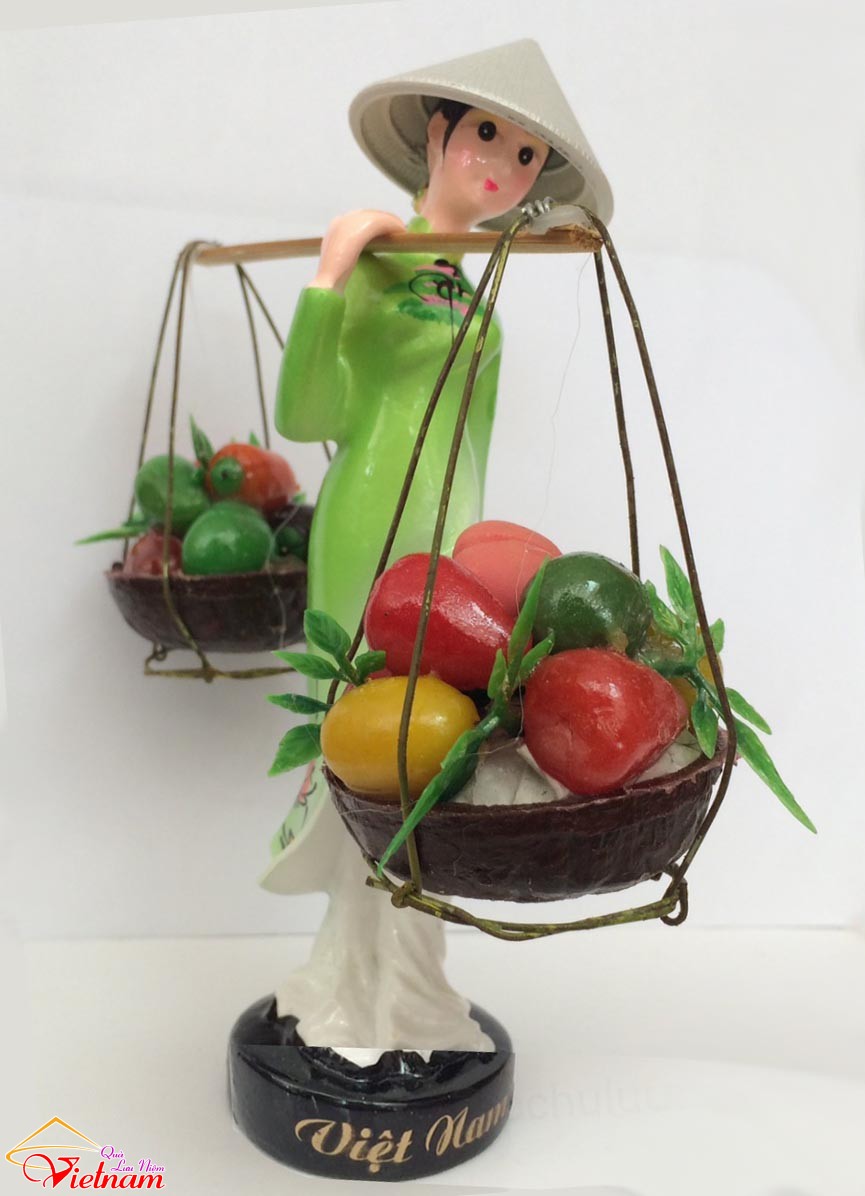Statue of Vietnamese lady in ao dai with hanging of quang ganh to sell street food (18cm x 20cm x 7cm)
